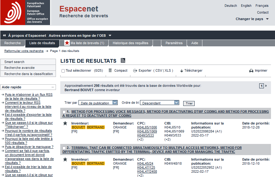 Accès à mon portefeuille de demandes de brevet d'invention publiées (déposées et délivrées)